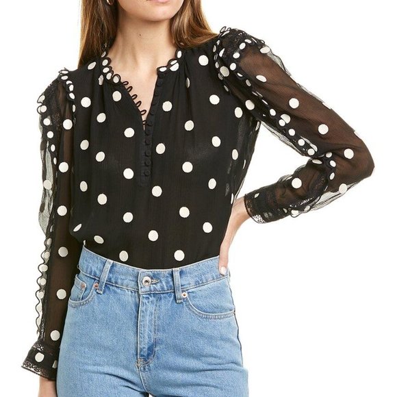 NEW Rebecca Taylor Silk Dot Embroidered Top Blouse Ruffle Lace Sheer Long Sleeve